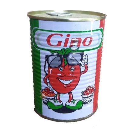 Canned tomato product with a cartoon tomato mascot wearing sunglasses and green sneakers, label reads 'Gino'.