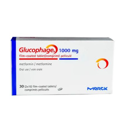 Box of Glucophage 1000 mg film-coated metformin tablets, 30 tablets (Merck), showing blue and red branding.