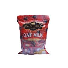 Red checkered bag labeled 'OAT MILK' with oats spilling from the bottom.