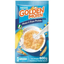 Front of a blue Nestlé Golden Morn cereal bag (600 g) with a bowl of cereal and a spoon, promoting maize and soya protein.