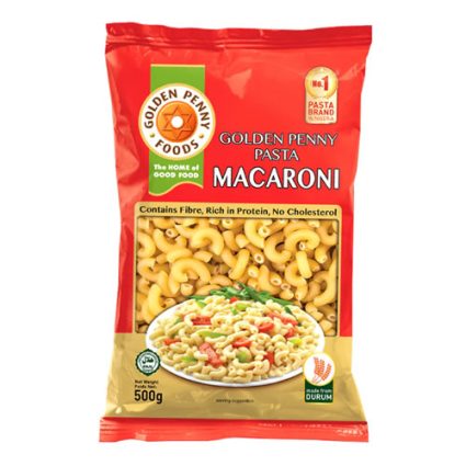Golden Penny Pasta Macaroni package, red bag showing pasta shape and a serving plate of macaroni with vegetables, 500 g