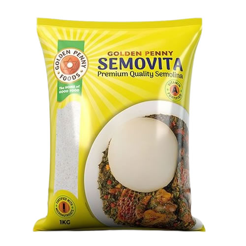 Golden Penny Semovita Flour 1kg Pack - Imavug Yellow Golden Penny semolina bag labeled 'SEMOVITA Premium Quality Semolina' with 1kg indicator and image of a plate of cooked semolina; product branding visible across the bag.