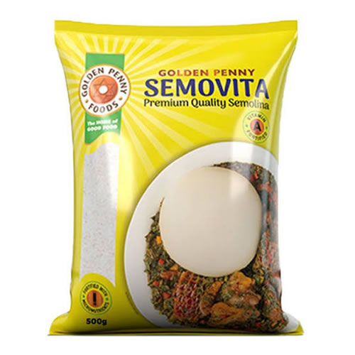 Golden Penny Semovita Flour 2kg Pack - Imavug Yellow Golden Penny Semovita premium quality semolina bag with a plate of semolina and stew on the front, 500 g