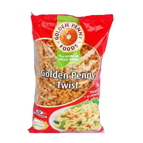 Golden Penny Twist Macaroni Pasta 500g Pack - Imavug Bag of Golden Penny Twist pasta in red packaging with logo and cooked-plate image on front, ready in minutes.