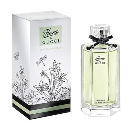 Gucci Flora perfume bottle and matching box with botanical line art; pale green liquid in a faceted glass bottle with a silver cap and black ribbon, box features botanical illustration.