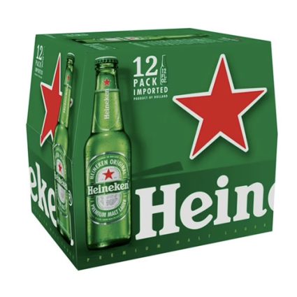12-pack Heineken beer carton with large red star logo and bottle image on green packaging.