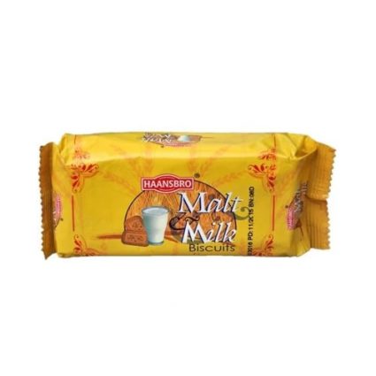 Yellow Haansbro Malt Milk Biscuits wrapper featuring a glass of milk and biscuit illustration