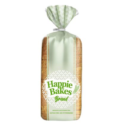 Loaf of sliced Happie Bakes bread in a pale green bag with a white patterned label.