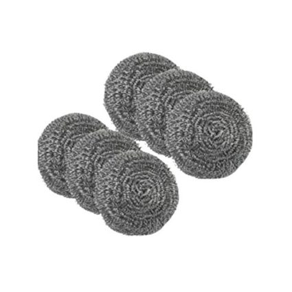 Five gray steel-wool scrubber pads arranged in a row for cleaning tasks.