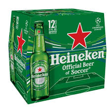 Green Heineken beer carton promoting Official Beer of Soccer with a visible bottle and red star on the front.