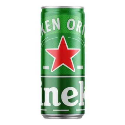 Green Heineken beer can with red star logo and white lettering on a white background.
