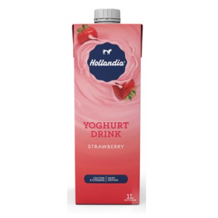 1L carton of Hollandia Yoghurt Drink in strawberry flavor, pink packaging with strawberries and a blue logo area on top cap.