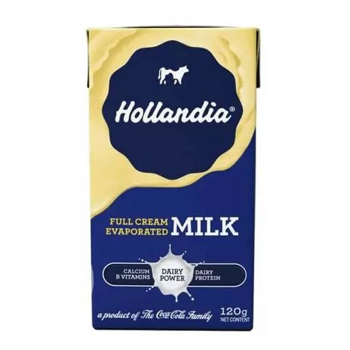 Hollandia Full Cream Evaporated Milk 120g - Imavug Hollandia full‑cream evaporated milk carton with blue/yellow design, showing 'Calcium & Vitamins' and 'Dairy Power' labels.
