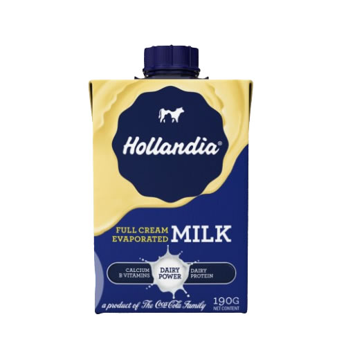 Hollandia Full Cream Evaporated Milk 190g - Imavug Hollanda full-cream evaporated milk carton with blue label, white logo, and blue cap