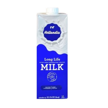 1-liter carton of Hollanda Long Life milk with blue and white packaging, featuring a round blue label and white cap on top.