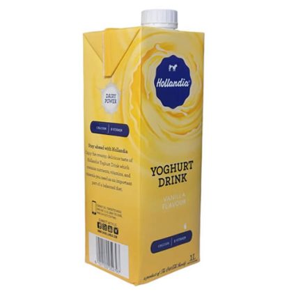 Yellow Hollandia yoghurt drink carton with vanilla flavour, 1L, front label shows 'Yoghurt Drink' and blue Hollandia logo on top swirl design.