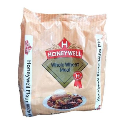 Bag of Honeywell Whole Wheat Meal flour with brand logo and a plated dish image on the front