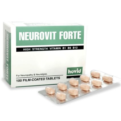 Neurovit Forte box with blister pack of beige film-coated tablets; high-strength B1, B6, B12 vitamin supplement for neuropathy and neuralgias (100 tablets).