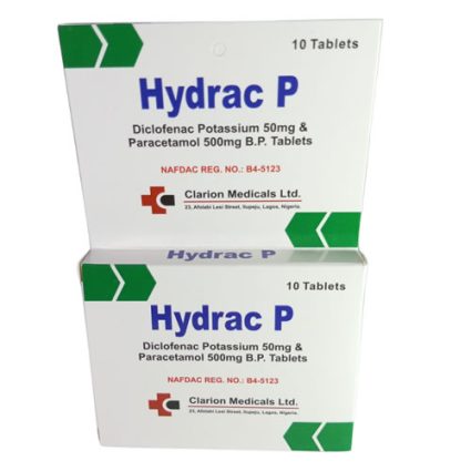 Front view of Hydrac P tablet box showing Diclofenac Potassium 50mg and Paracetamol 500mg (10 tablets) with green geometric accents.