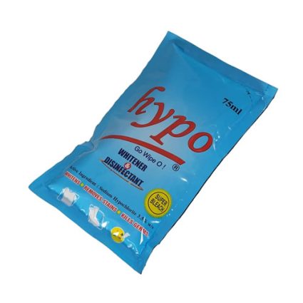 Blue 75ml pouch of Hypo laundry whitener/disinfectant bleach with red logo and yellow badge, angled on a white background.