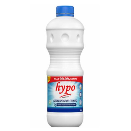White plastic bottle of Hypo multipurpose bleach with a blue cap and blue label on the front.