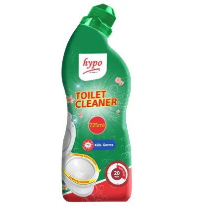 Hypo toilet cleaner bottle, green with red label, 725 ml, disinfects and kills germs.