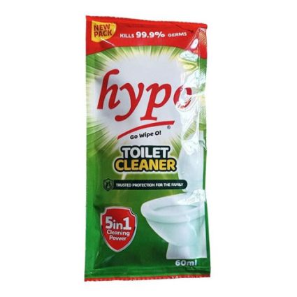 Package of Hypo Toilet Cleaner 5-in-1 Cleaning Power, 60 ml, green-red pouch with toilet illustration and germ-kill claim.
