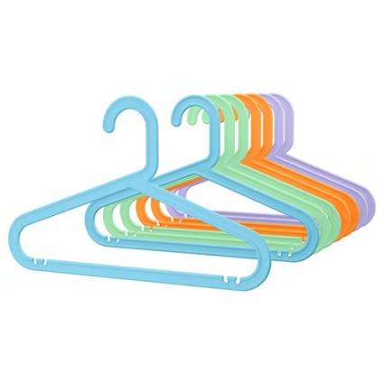 Five stacking plastic clothes hangers in blue, light blue, green, orange, and purple, arranged in a row for hanging garments.