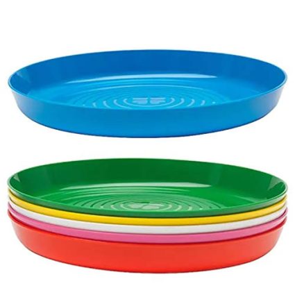 Blue shallow plastic bowl on top of a stack of colorful bowls (green, yellow, pink, white, red).