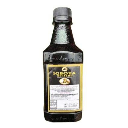 Dark glass bottle of Igboya Bitters, an alcoholic beverage, with a yellow label on the front