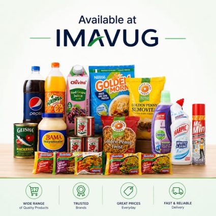 Assorted grocery items on a table with an IMAVUG header, featuring beverages, snacks, cereals, and cleaning products, plus four service icons underneath.