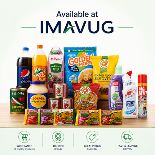 Imavug Groceries - Imavug Assorted grocery items on a table with an IMAVUG header, featuring beverages, snacks, cereals, and cleaning products, plus four service icons underneath.