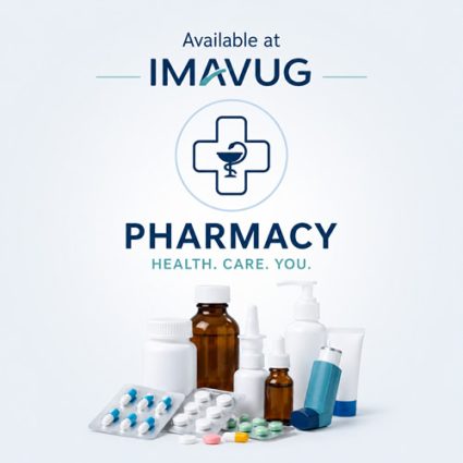 Poster advertising IMAVUG pharmacy services with a medical cross symbol and a variety of medicines, bottles, and pharmacy items; tagline: Health. Care. You.