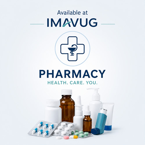 Imavug Pharmacy - Imavug Poster advertising IMAVUG pharmacy services with a medical cross symbol and a variety of medicines, bottles, and pharmacy items; tagline: Health. Care. You.