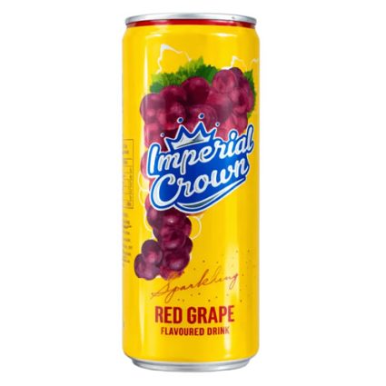 Yellow can of Imperial Crown Sparkling Red Grape flavoured drink with a grape bunch graphic and crown logo