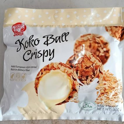 Bag of Jeeji Koko Ball Crispy milk-flavor cereal snacks with coconut-center balls on white packaging image of product