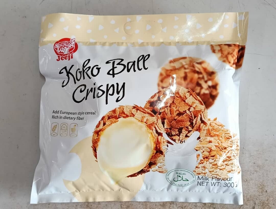 JEEJI KOKO BALL CRISPY MILK 300G - Imavug Bag of Jeeji Koko Ball Crispy milk-flavor cereal snacks with coconut-center balls on white packaging image of product