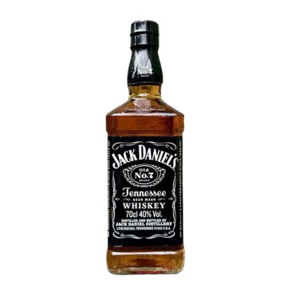 Bottle of Jack Daniel's Tennessee Whiskey with a black label, white text, and amber liquid visible inside.