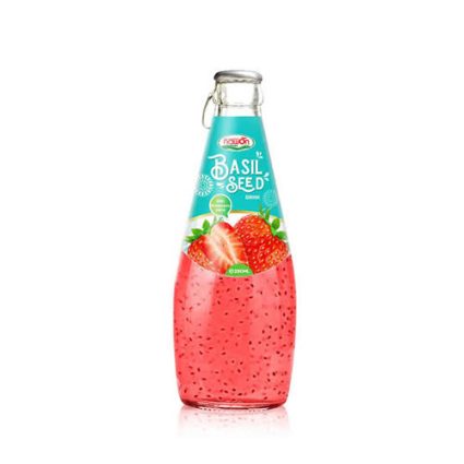 Pink basil seed drink in a glass bottle with a blue label and strawberry artwork on the label.