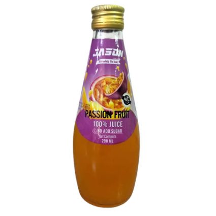 Bottle of Passion Fruit juice (100% juice, no added sugar), 290 ml, purple label with gold cap