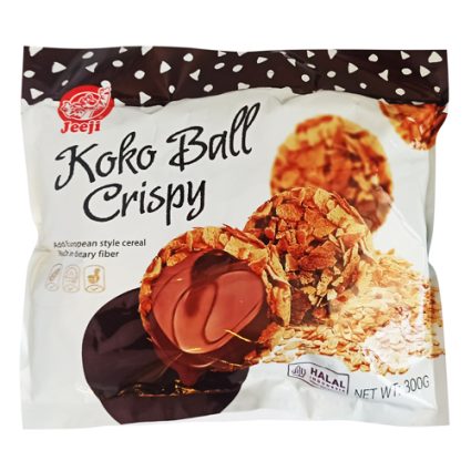 Bag of Jeeji Koko Ball Crispy cereal, showing chocolate-filled crispy balls on a white package