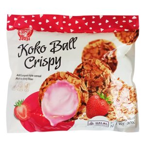 Front of a snack bag labeled 'Koko Ball Crispy', showing chocolate-coated ball treats with a pink center and strawberries on the packaging.