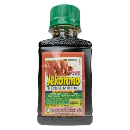 Dark brown bottle with a green cap labelled 'Jekomo Herbal Mixture', a non-alcoholic herbal beverage product.