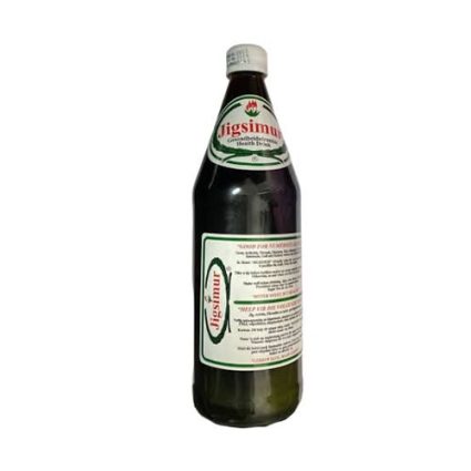 Dark glass bottle with a white label featuring a green–red emblem, likely a health drink bottle.