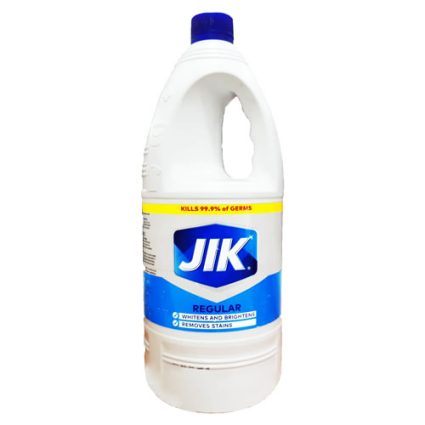 Bottle of JIK Regular bleach with blue label and yellow warning band, for whitening and stain removal