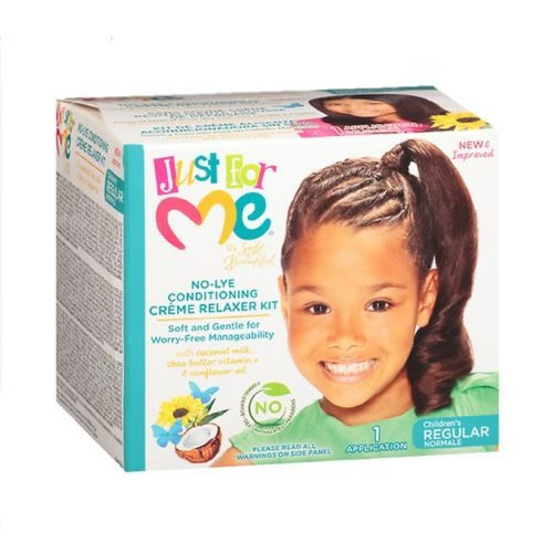 Just For Me No-Lye Conditioning Creme Relaxer Kit - Imavug Box of Just for Me No-Lye Conditioning Creme Relaxer Kit for children, featuring a smiling girl on the front.
