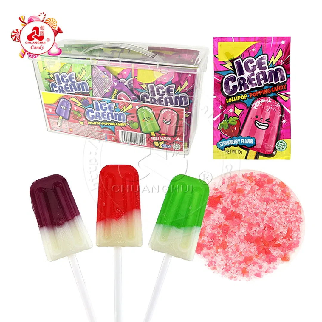KELITT ICE CREAM LOLLIPOP BY 30 - Imavug Assorted ice‑cream shaped popsicle candies in purple, red, and green with a pink sugar crystal disc and a colorful Ice Cream candy box and pouch.