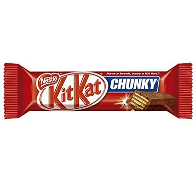 Kit Kat Chunky chocolate bar in red wrapper with logo and a piece of chocolate shown on the right side.