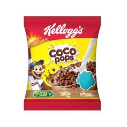 Kellogg's Coco Pops cereal bag featuring a cartoon mascot and splash of milk over a bowl image on a red-yellow package.