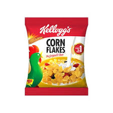Kellogg's Corn Flakes cereal bag showing a bowl of corn flakes on the front.